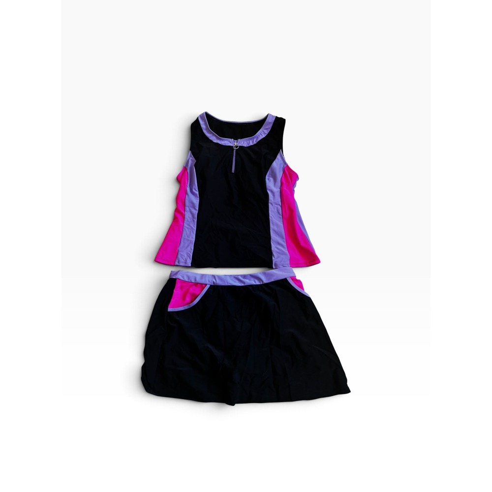 NWOT Modlilly Tankini Swim Set M Black Purple Pink Colorblock Skirted Two Piece